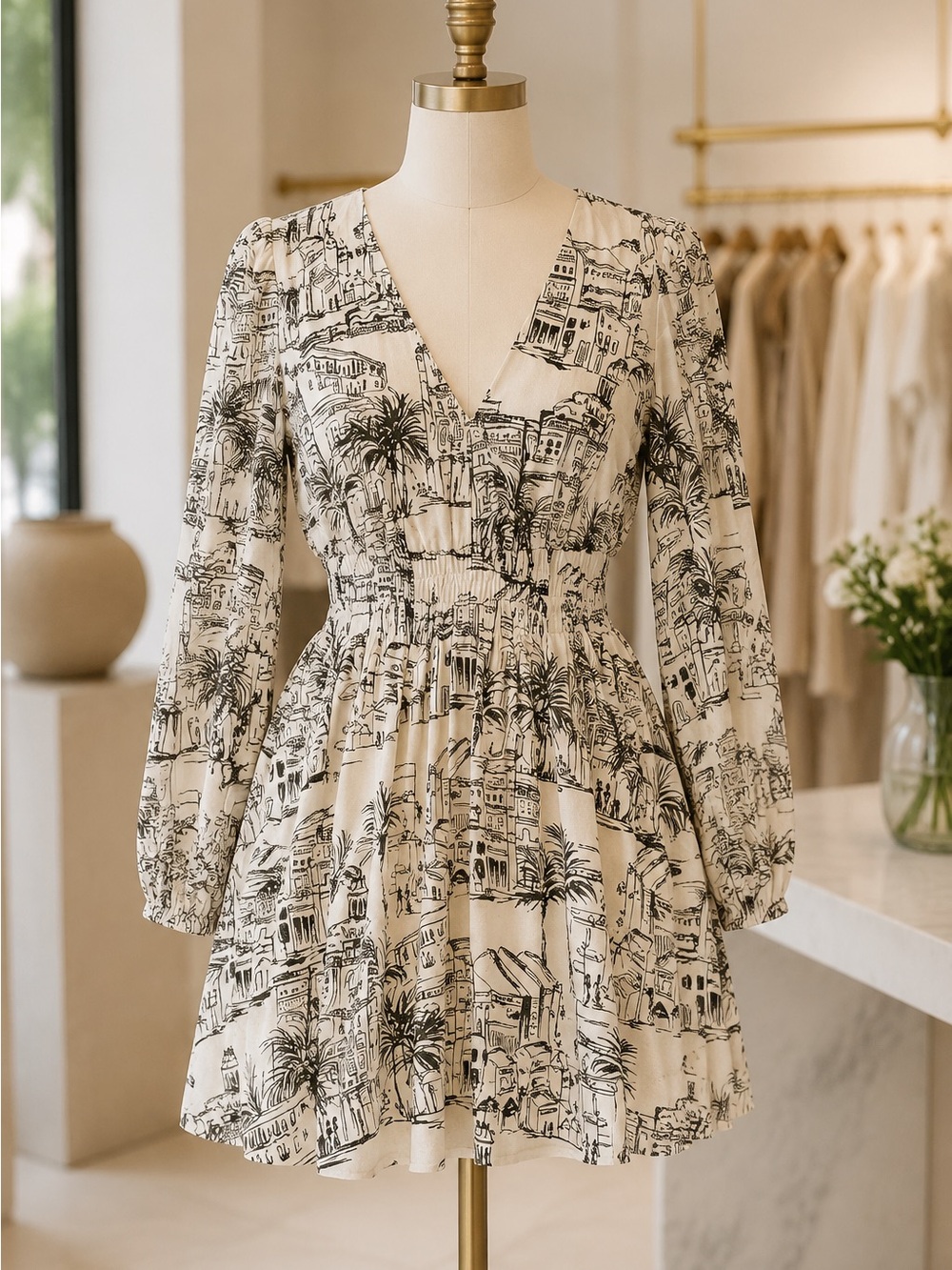 Meet me in Santorini Ivory & gray Printed V-Neck Long Sleeve Dress NWT
